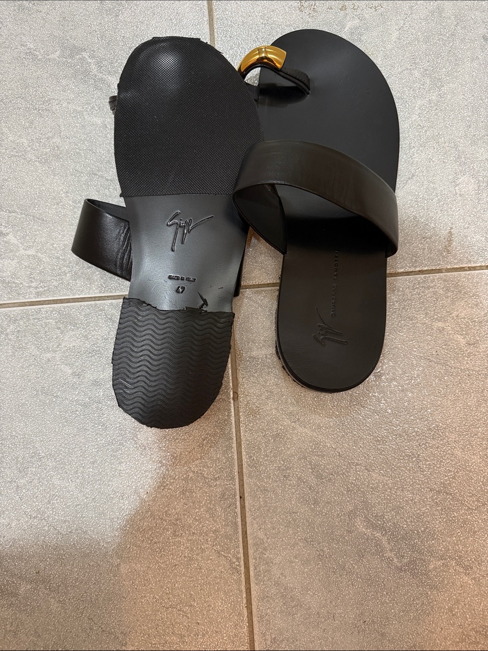 Men's Black Leather Slide Sandals with Gold Accent